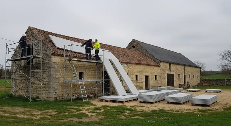 Toiture fibrociment sur une grange de corps de ferme, Blaye, secteur de Beauséjour