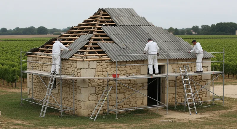 Retrait de toiture fibrociment sur une dépendance viticole, Langon, secteur de Toucaut