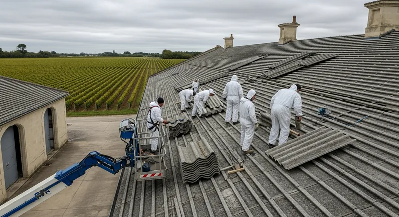 Dépose de couverture fibrociment sur un chai viticole, Libourne, secteur de Condat